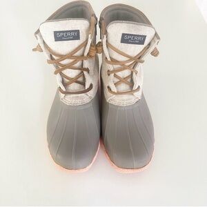 Sperry Women’s Gray Rubber Duck Boots with Cream Upper and Tan Laces